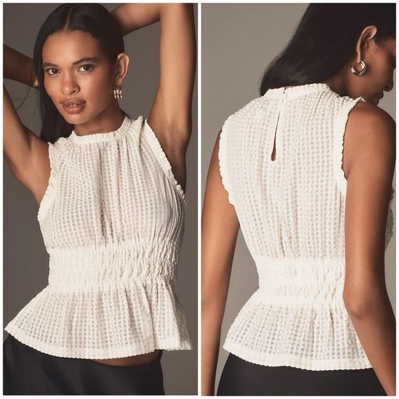 Anthropologie Maeve Smocked Halter Top Sleeveless Ivory Sheer Blouse Size Small - Picture 1 of 10